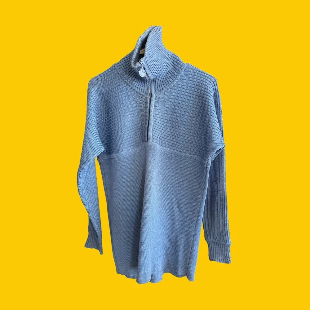 Vintage Cevas Mens Blue 100% Pure New Wool Quarter Zip Ribbed Sweater‎ Medium
